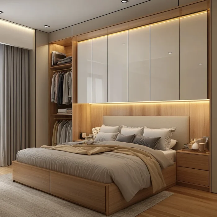 20 ideas creativas de diseño de armarios para el dormitorio 1 Diseño de armario moderno para dormitorio con estructura flotante y estantes.
