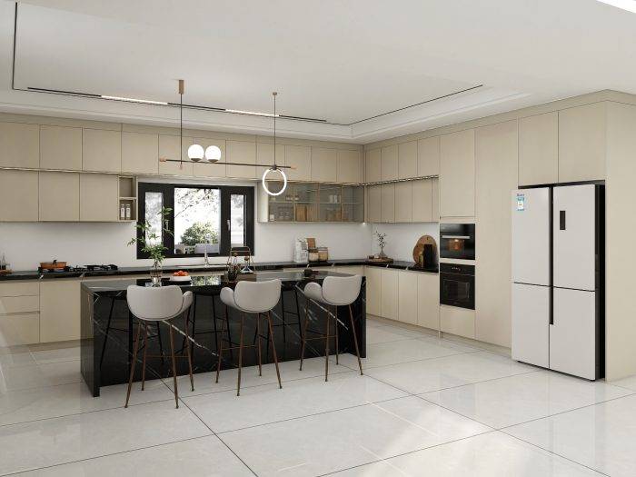 Minimalist greige kitchen cabinets with matte finish, black countertops, and a sleek island design