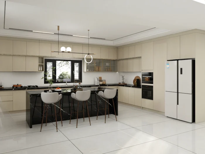 25 ideas inspiradoras de gabinetes de cocina en tonos greige para realzar tu hogar 1 Gabinetes de cocina minimalistas en grisáceo con acabado mate, encimeras negras y un elegante diseño de isla.