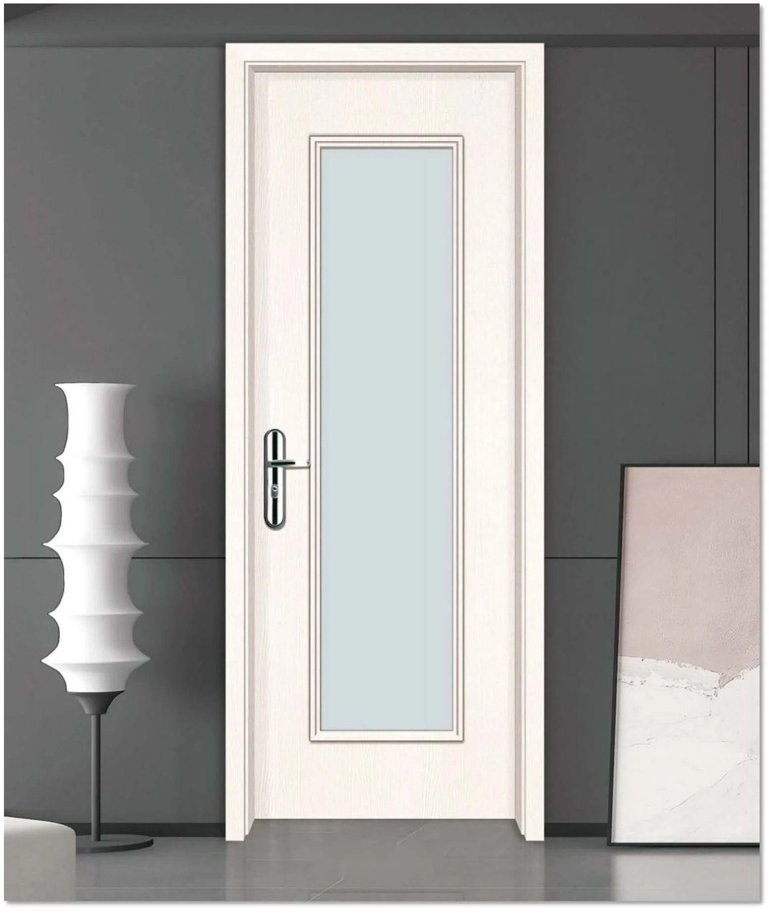 Sleek Laminated Glass Door for Contemporary Spaces 1 Modern laminated glass door with a sleek white frame, installed in a contemporary interior with a minimalist design.