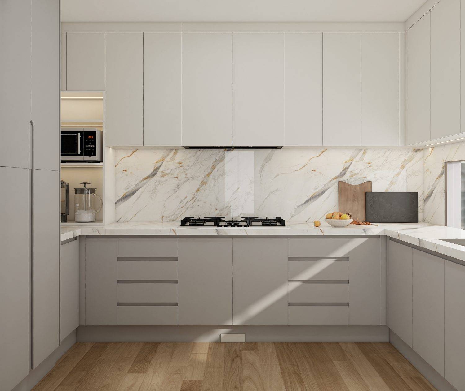 Greige kitchen cabinets with white marble countertops and backsplash in a modern, minimalist design