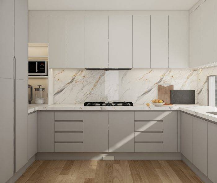 Greige kitchen cabinets with white marble countertops and backsplash in a modern, minimalist design