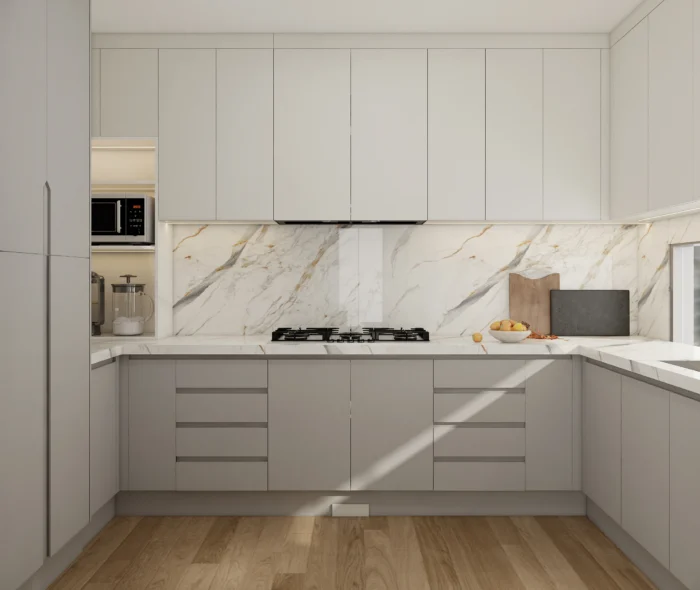 25 ideas inspiradoras de gabinetes de cocina en tonos greige para realzar tu hogar 11 Gabinetes de cocina en color greige con encimeras de mármol blanco y protector contra salpicaduras en un diseño moderno y minimalista.