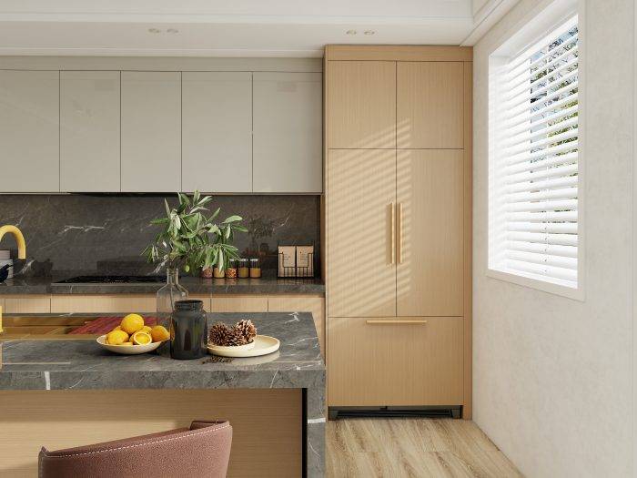 greige kitchen cabinets with mable countertops