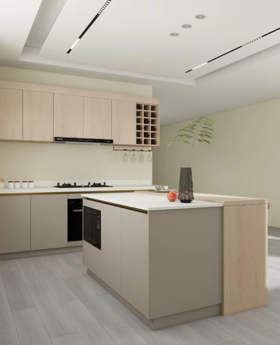 25 ideas inspiradoras de gabinetes de cocina en tonos greige para realzar tu hogar 12 Gabinetes de cocina color greige con encimeras blancas, gabinetes superiores de madera clara y una isla moderna para un diseño cálido y minimalista.