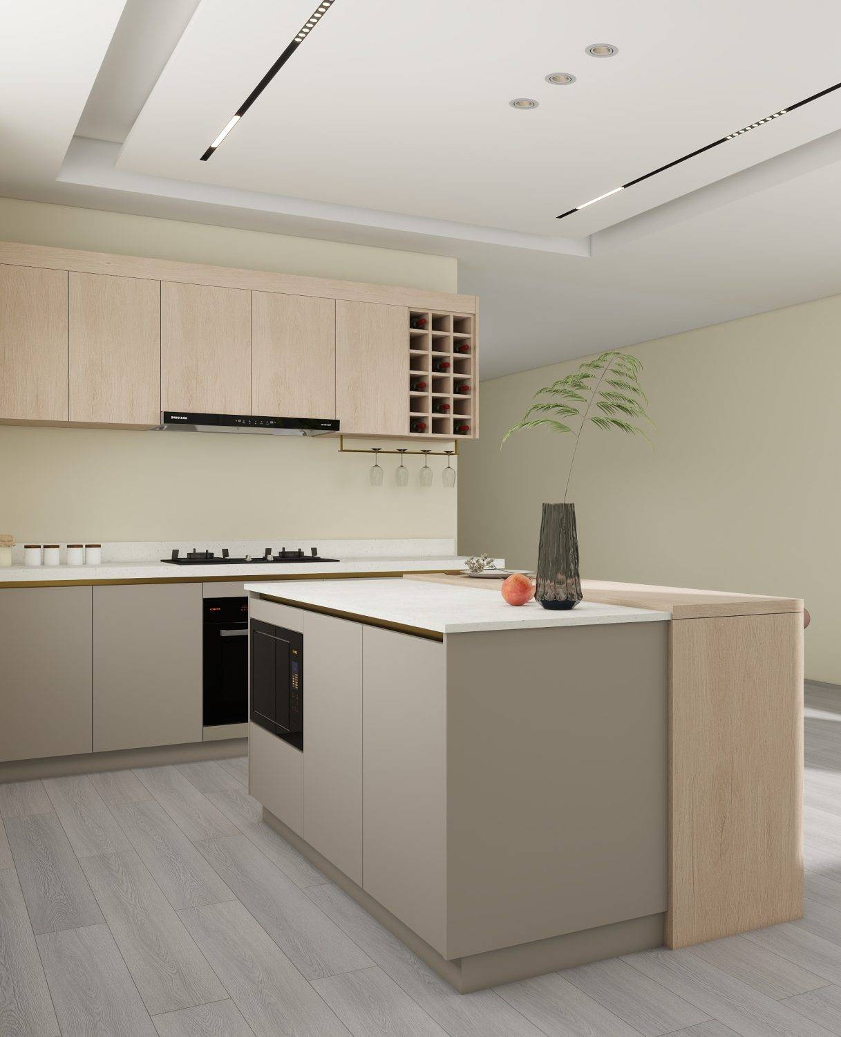 greige color kitchen island cabinet with wood
