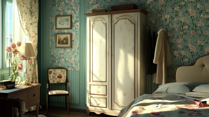 Wardrobe closet design for bedroom in vintage style with detailed woodwork