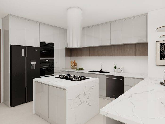 Greige Kitchen Cabinets with White Countertops