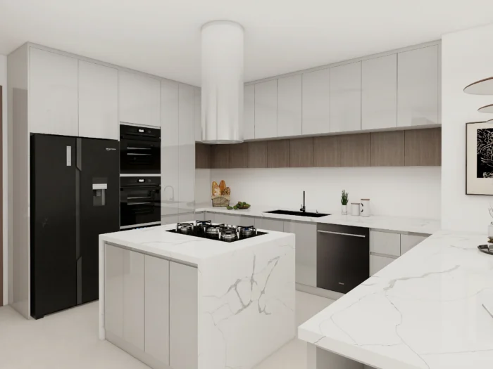 25 ideas inspiradoras de gabinetes de cocina en tonos greige para realzar tu hogar 13 Gabinetes de cocina en tonos greige con encimeras blancas