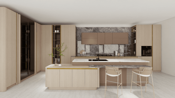 Multi-functional islands offer extra prep space and hidden compartments make cabinet luxury