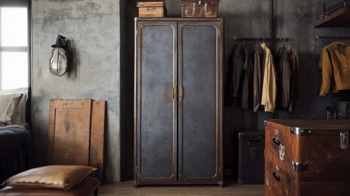 industrial style metal wardrobe in bedroom