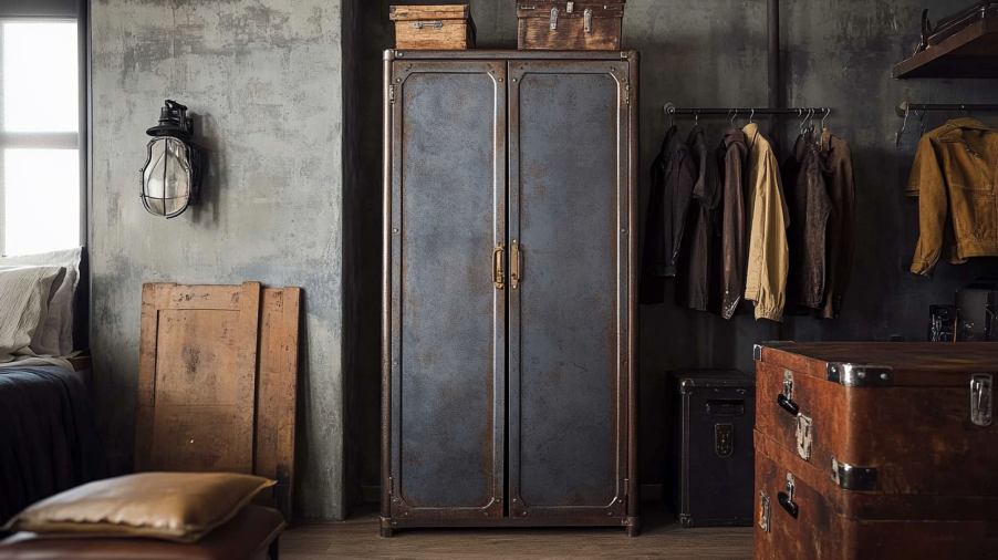 industrial style metal wardrobe in bedroom