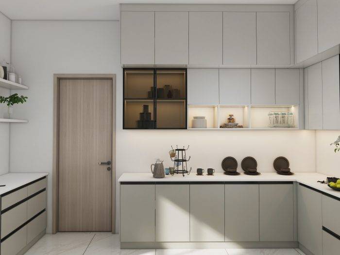 Greige kitchen cabinets with integrated LED lighting, glass-front storage, and white countertops for a modern, illuminated design