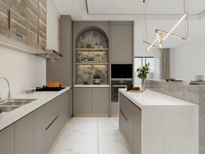 Greige kitchen cabinets with open shelving, marble accents, and gold details for a stylish and functional modern design