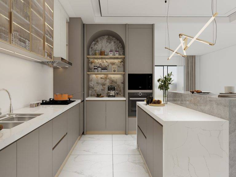 Greige kitchen cabinets with open shelving, marble accents, and gold details for a stylish and functional modern design