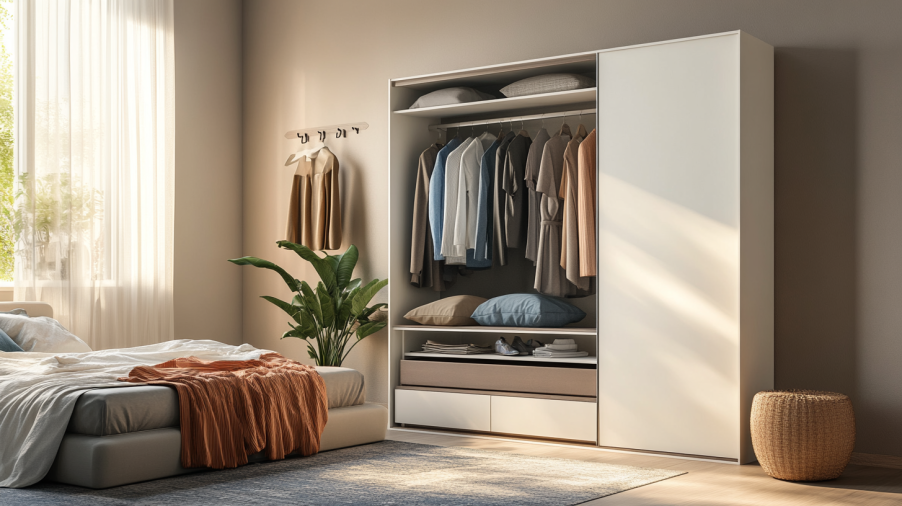 Wardrobe designs for bedroom with wall-mounted hooks for organizing accessories