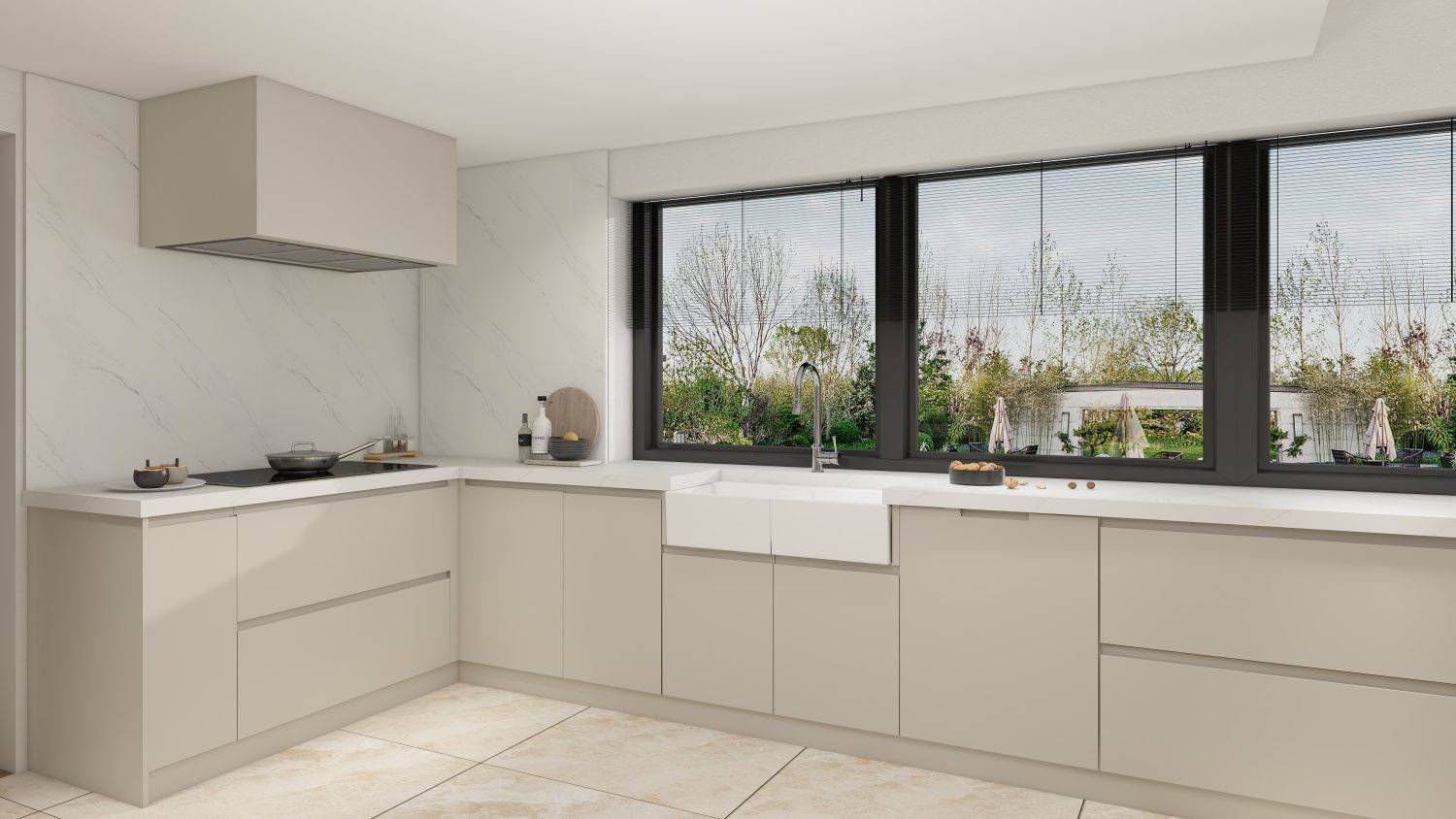 Greige Cabinets with Chrome Fixtures