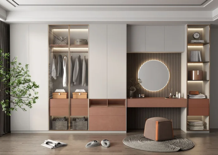20 ideas creativas de diseño de armarios para el dormitorio 12 Diseños de armarios modernos para dormitorio con tocador incorporado para maquillaje.
