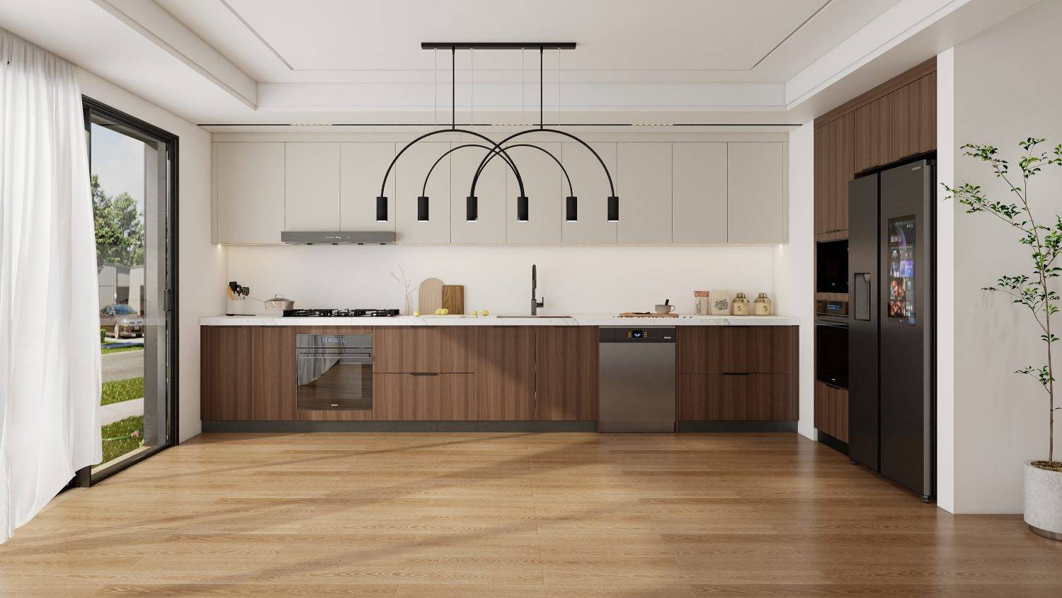 Modern handleless greige kitchen cabinets with wood lower cabinetry, white countertops, and black accent lighting