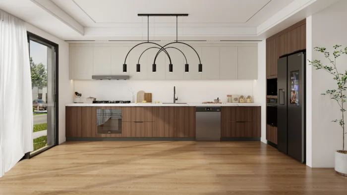 25 ideas inspiradoras de gabinetes de cocina en tonos greige para realzar tu hogar 19 Gabinetes de cocina modernos sin tiradores en color grisáceo con gabinetes inferiores de madera, encimeras blancas e iluminación decorativa negra.