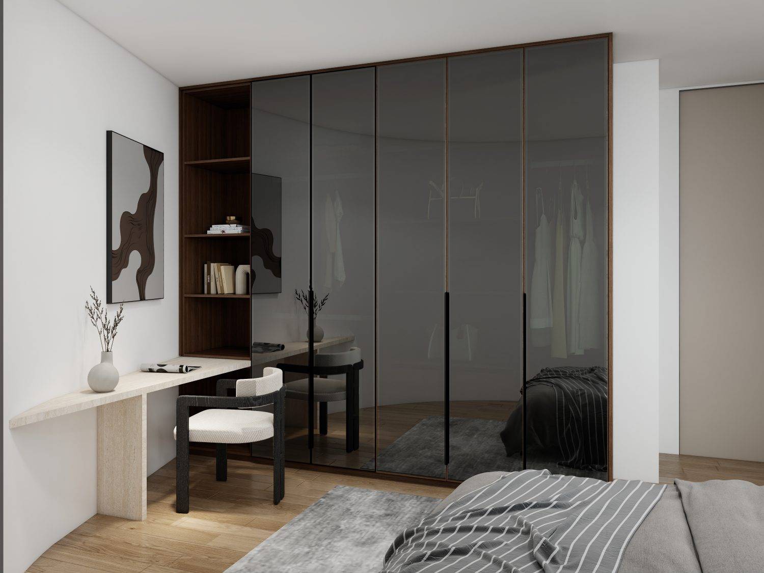 Modern wardrobe designs for bedroom with glass doors and shelves