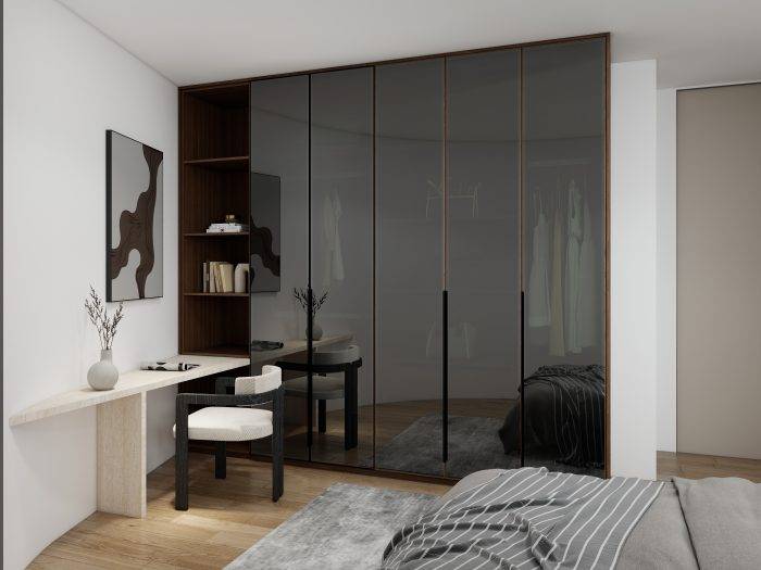 Modern wardrobe designs for bedroom with glass doors and shelves