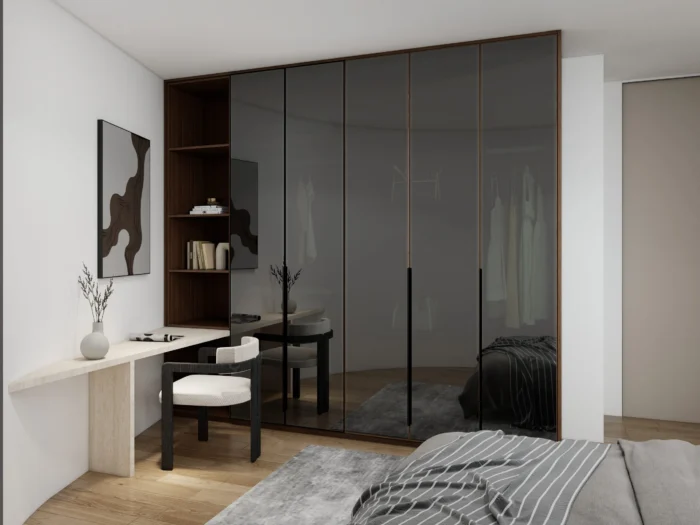 20 ideas creativas de diseño de armarios para el dormitorio 14 Diseños de armarios modernos para dormitorio con puertas de cristal y estantes.