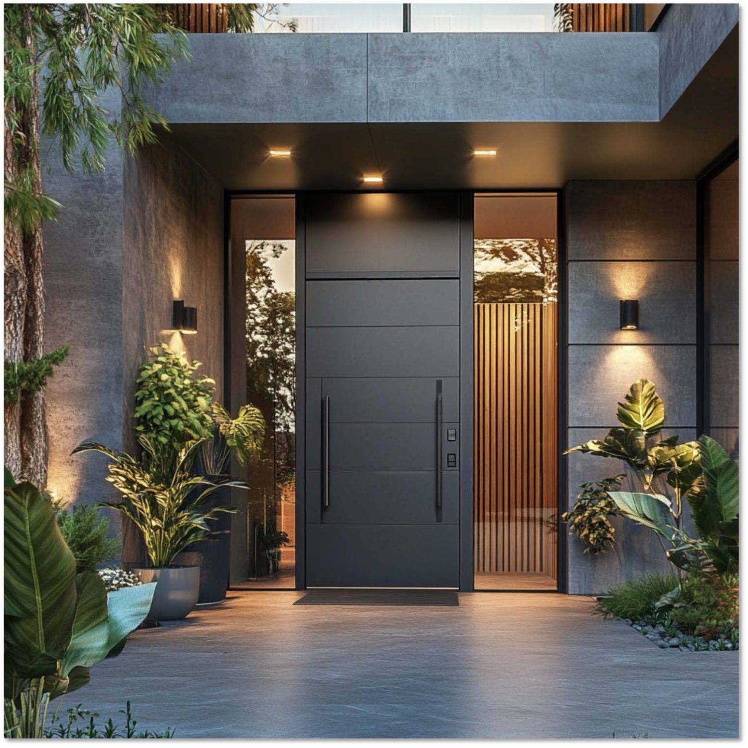 Sleek black modern entry door with a matte finish, dual vertical handles, and glass side panels, enhancing contemporary home exteriors.