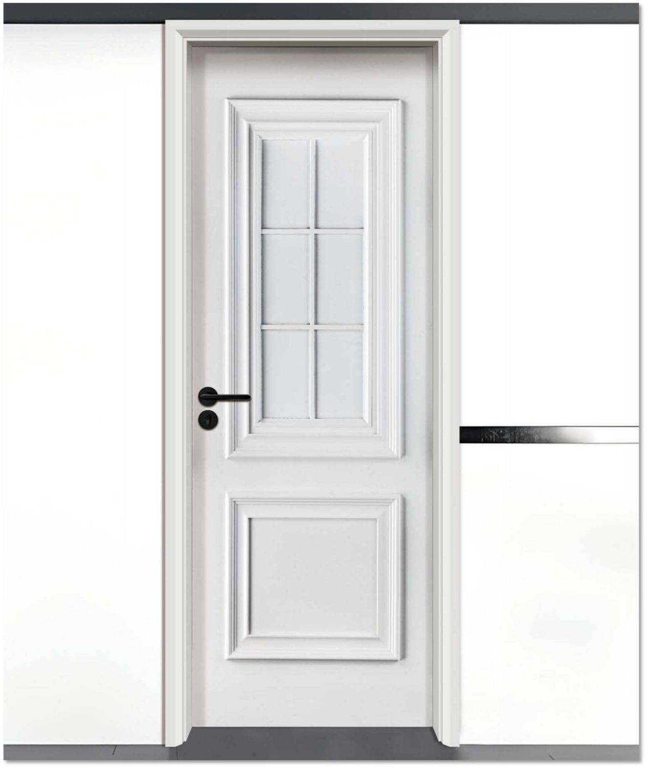 Elegant white lacquer decorative door with a classic six-panel glass window and intricate wood detailing, featuring a modern black handle, ideal for stylish interiors.