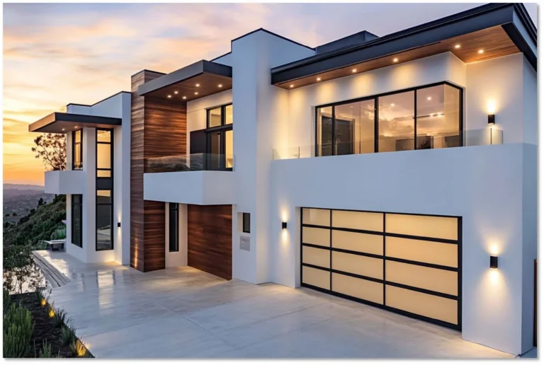 Exterior de casa moderna con una puerta de garaje elegante y duradera, con un diseño elegante en blanco y negro, ventanas grandes y arquitectura contemporánea.
