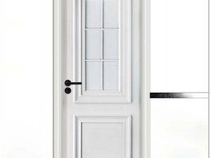 Elegant white lacquer decorative door with a classic six-panel glass window and intricate wood detailing, featuring a modern black handle, ideal for stylish interiors.