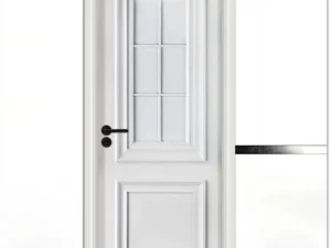 Las 10 mejores fábricas de gabinetes de cocina de China | Puesto 9 en 2026 Elegante puerta decorativa lacada en blanco con una ventana de vidrio clásica de seis paneles y detalles de madera intrincados, que presenta una manija negra moderna, ideal para interiores elegantes.