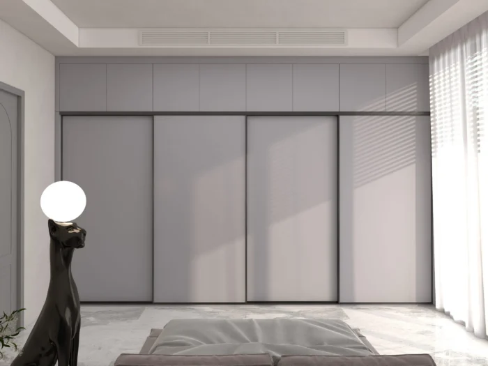 20 ideas creativas de diseño de armarios para el dormitorio 2 Armario con puertas correderas en un dormitorio moderno con tonos neutros