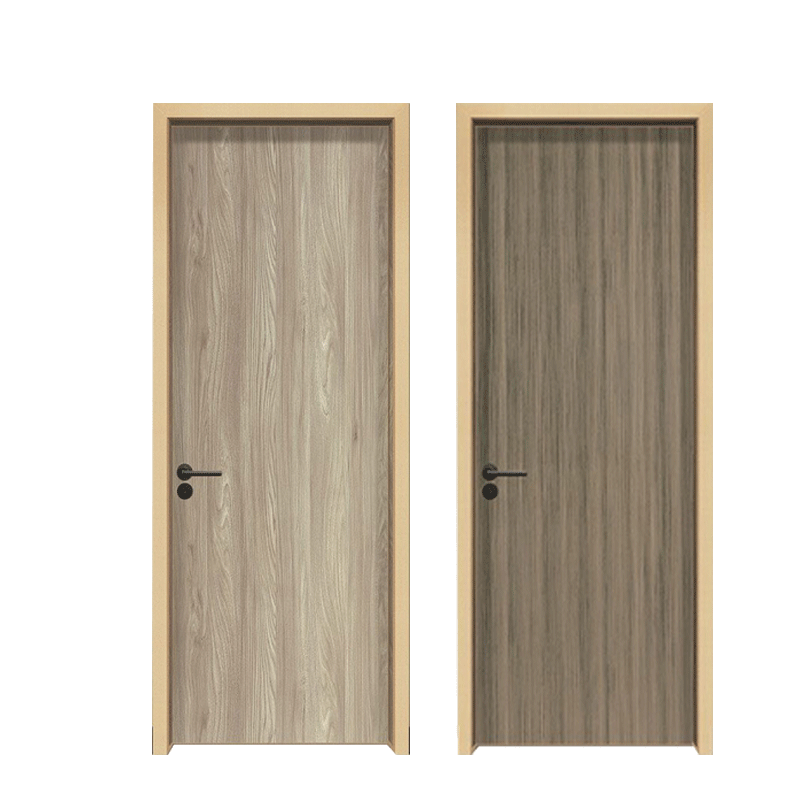 Two modern customized ecological doors with natural wood grain finishes, designed for contemporary interiors, offering eco-friendly materials and stylish aesthetics.