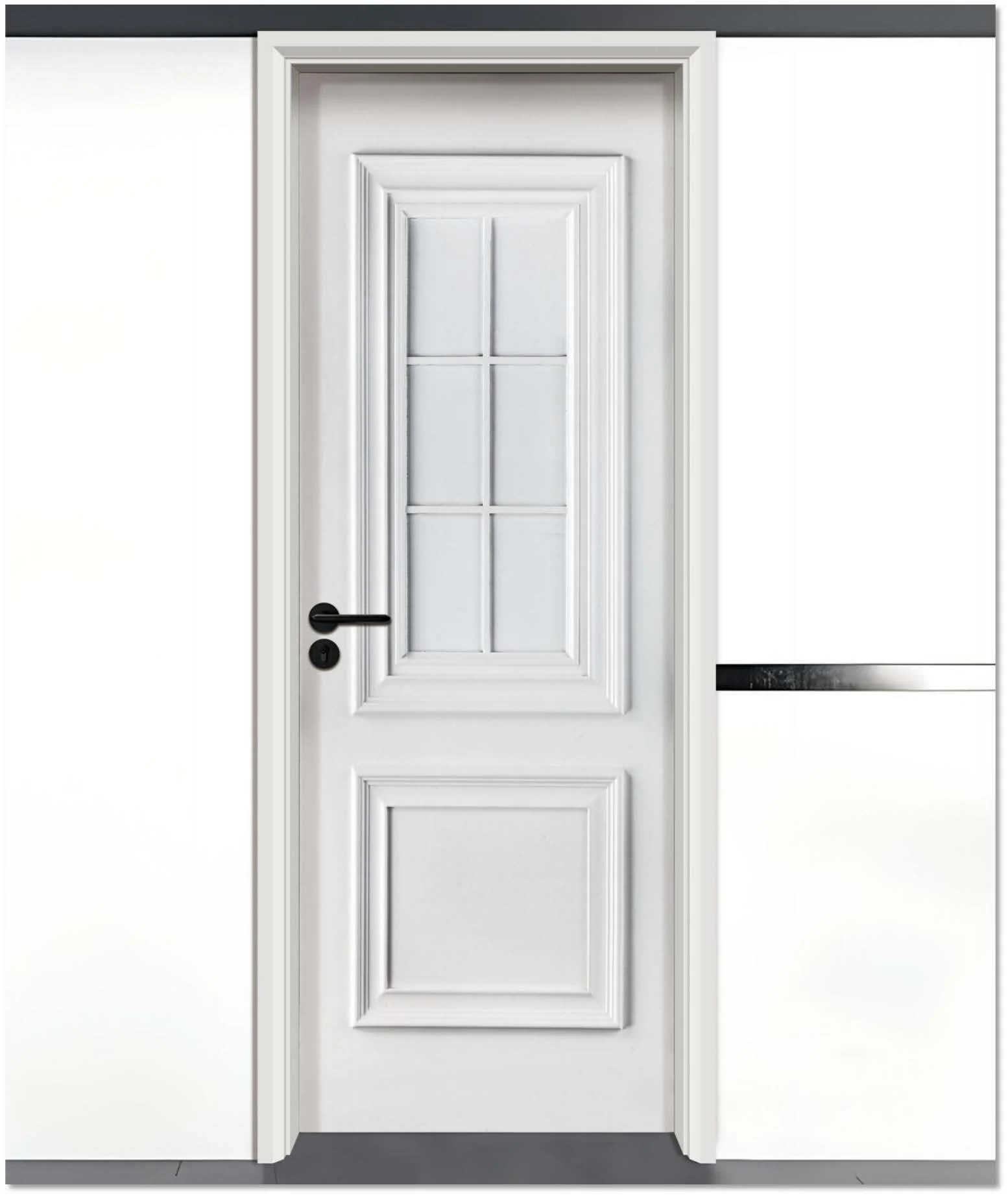 Premium Lacquer Decorative Door for Stylish Interiors 1 Elegant white lacquer decorative door with a classic six-panel glass window and intricate wood detailing, featuring a modern black handle, ideal for stylish interiors.
