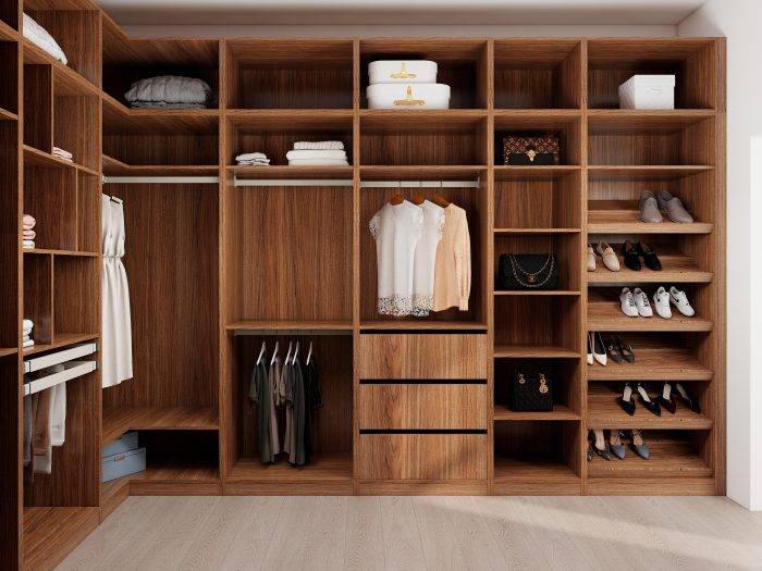 Wardrobe closet design for bedroom with integrated shoe storage