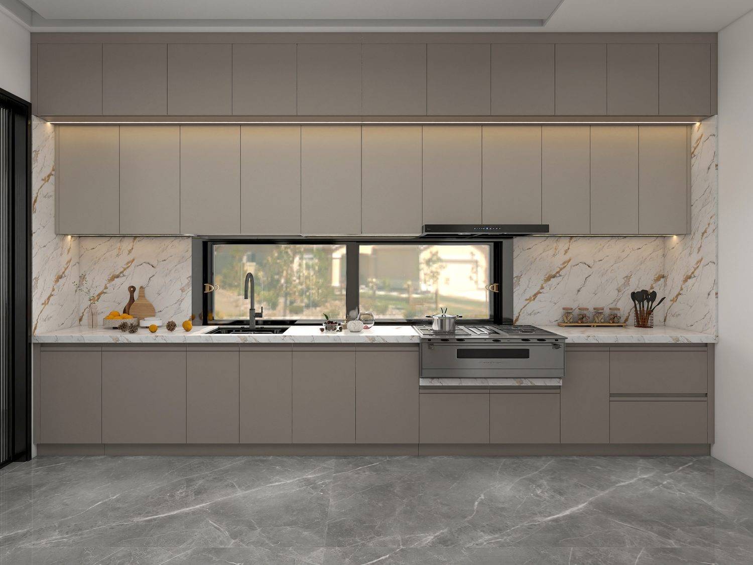 Transitional kitchen with greige kitchen cabinets, marble backsplash, and integrated lighting for a modern yet classic design