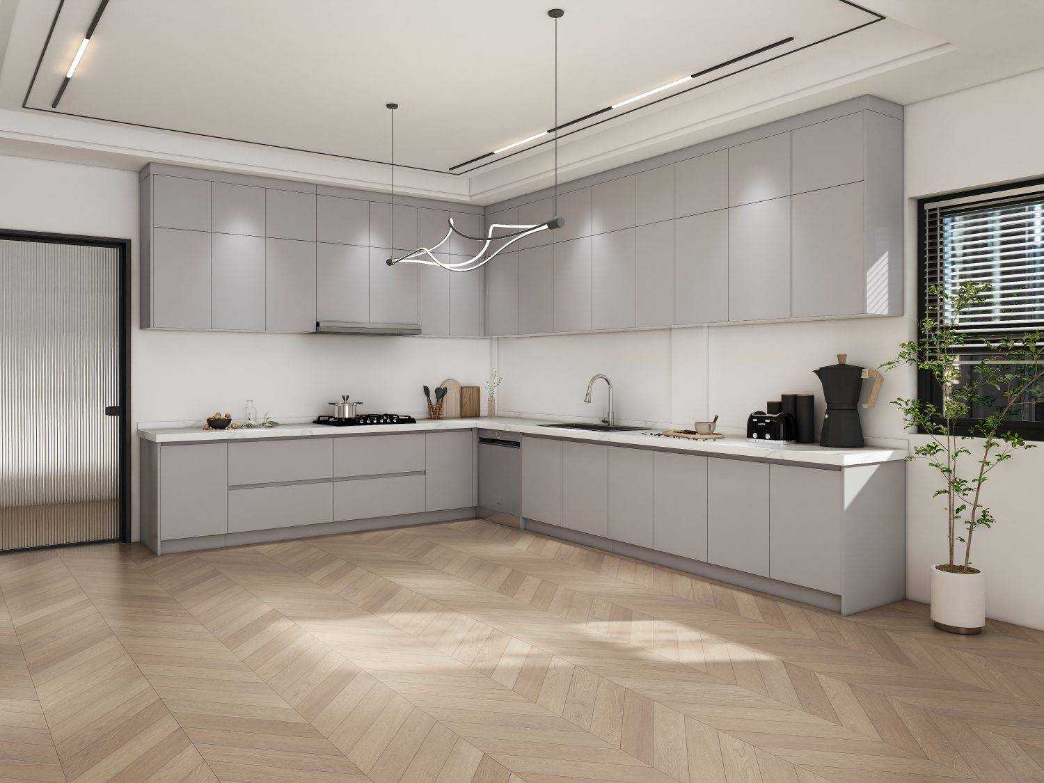 Sleek floating greige kitchen cabinets with white countertops, minimalist design, and wood flooring for a modern look