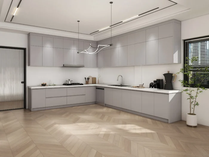 25 ideas inspiradoras de gabinetes de cocina en tonos greige para realzar tu hogar 23 Elegantes gabinetes de cocina flotantes en grisáceo con encimeras blancas, diseño minimalista y pisos de madera para una apariencia moderna.