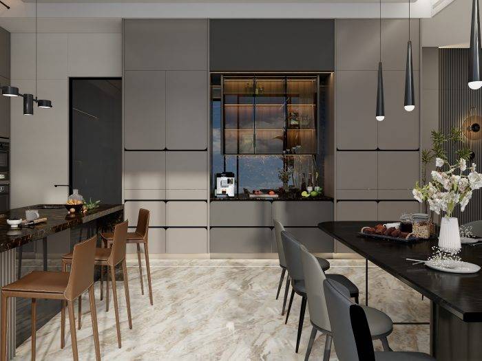 Dark greige kitchen cabinets with black countertops, geometric accents, and modern pendant lighting for a bold contemporary design