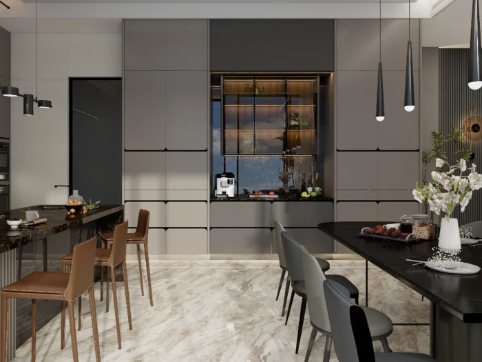 25 ideas inspiradoras de gabinetes de cocina en tonos greige para realzar tu hogar 24 Gabinetes de cocina en gris oscuro con encimeras negras, detalles geométricos e iluminación colgante moderna para un diseño contemporáneo audaz.