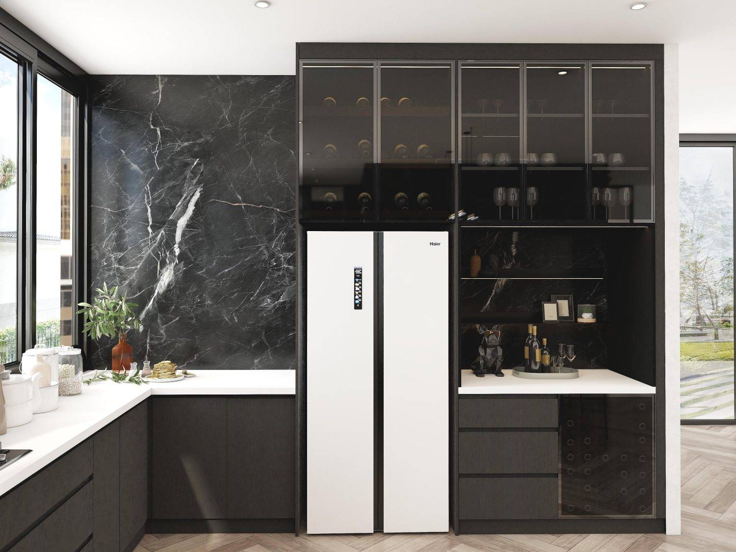 24.Dark Marble White Countertop luxury kitchen