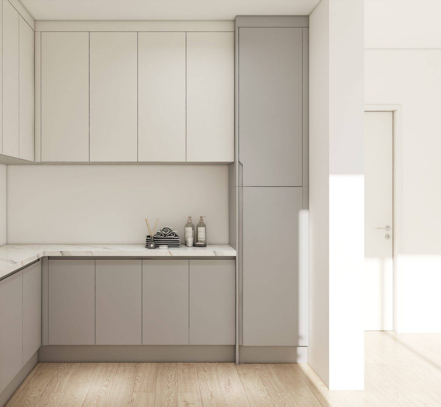 Compact kitchen with greige kitchen cabinets, white countertops, and natural light for a bright, space-saving design