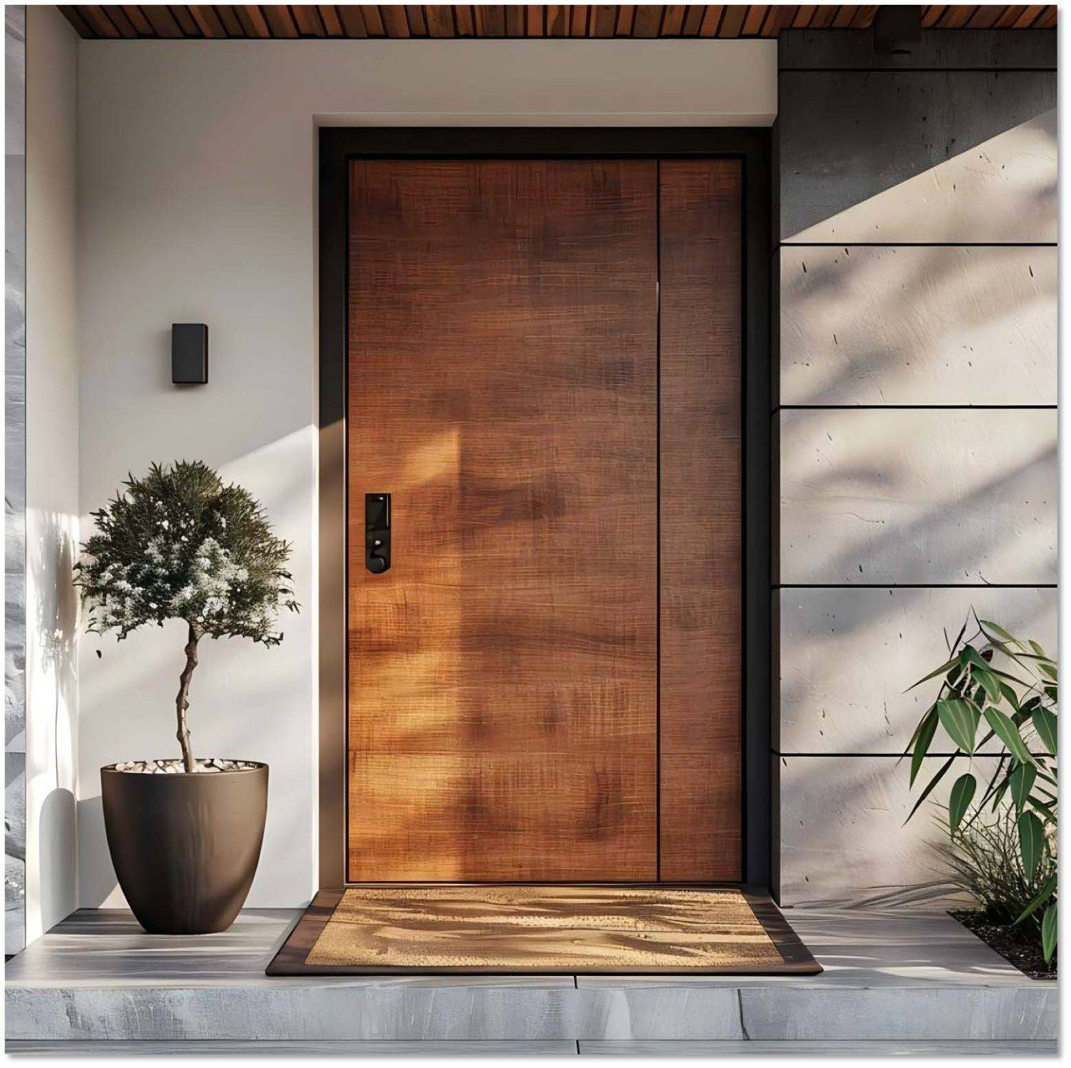 Modern wooden entry door with a sleek, natural wood finish, minimalist black frame, and smart lock system, enhancing contemporary home exteriors.