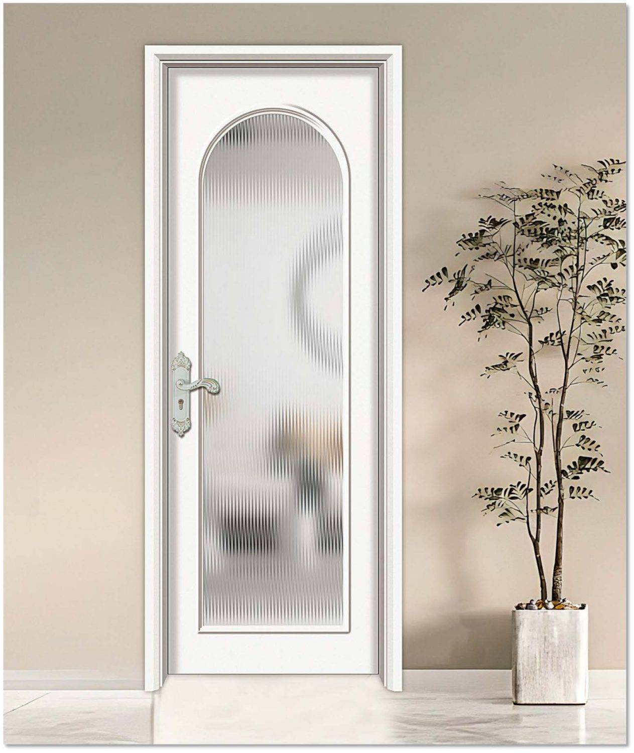 Elegant white lacquer decorative door with an arched fluted glass panel and vintage silver handle, designed for stylish and modern interiors.