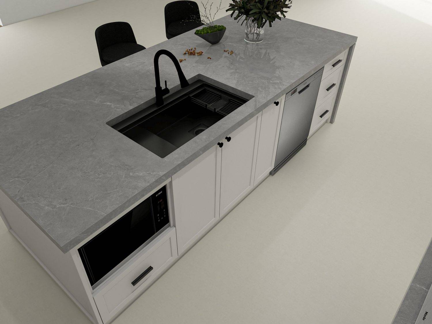 Greige kitchen cabinets with industrial concrete countertops, black sink, and modern built-in appliances
