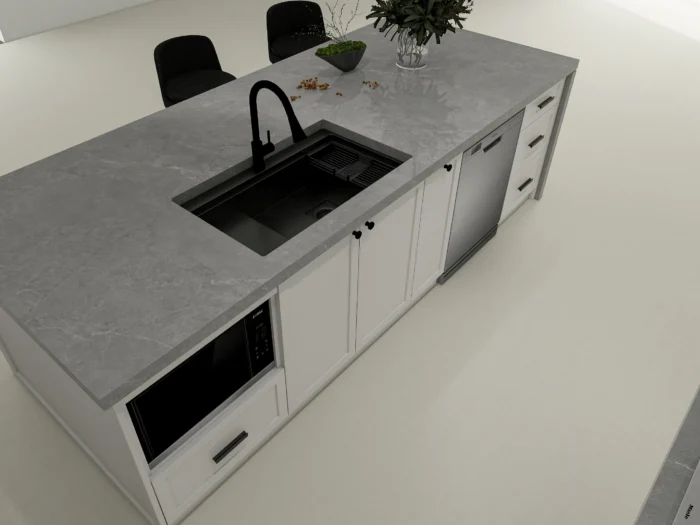 25 ideas inspiradoras de gabinetes de cocina en tonos greige para realzar tu hogar 3 Gabinetes de cocina en color grisáceo con encimeras de hormigón industrial, fregadero negro y electrodomésticos modernos integrados.