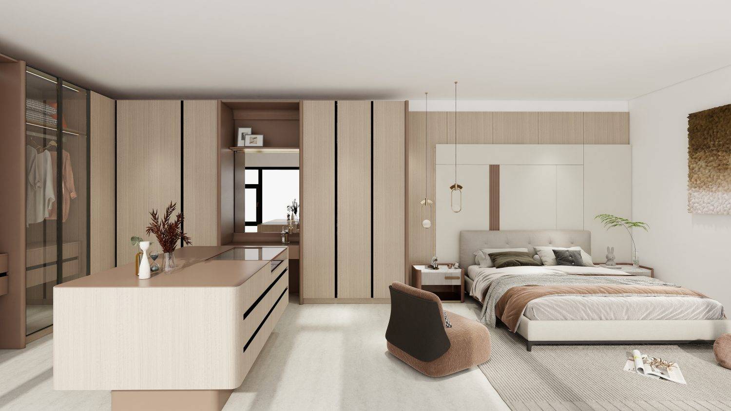 Wardrobe designs for small bedroom utilizing corner space with shelves