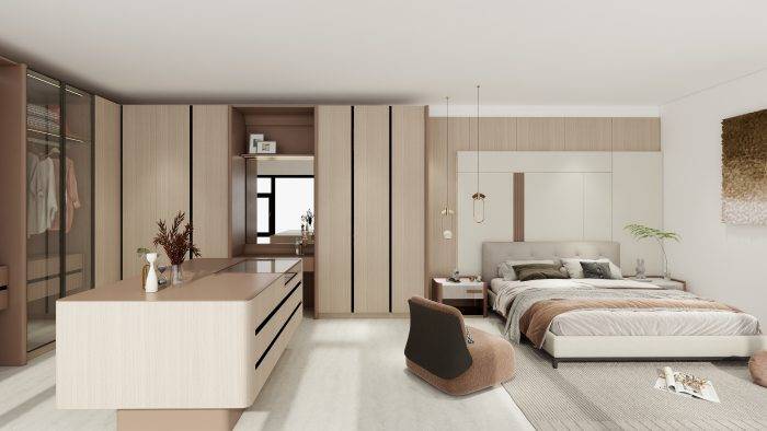 Wardrobe designs for small bedroom utilizing corner space with shelves