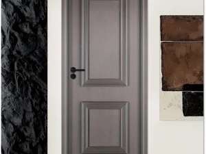 Gray laminated decorative door with intricate panel design, black hardware, and a textured finish, enhancing modern and sophisticated interiors.